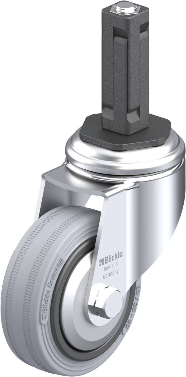 Drehbares Bockrad mit grauem Rad und schwarzem Befestigungsstift, geeignet für Möbel- oder Geräteunterstützung.