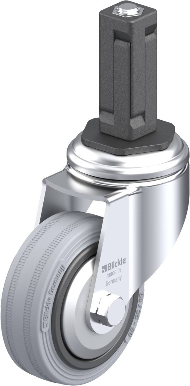 Ein silbernes Rad aus Metall und Gummi mit einer sechseckigen Halterung von Blickle, hergestellt in Deutschland.