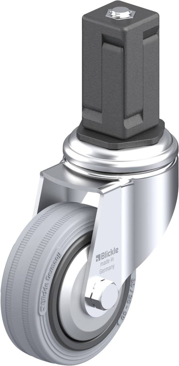 Industrie-Lenkrolle mit grauer Gummireifen, Metallschutz und sechseckiger Befestigung. Geeignet für schwere Lasten. Made in Germany.