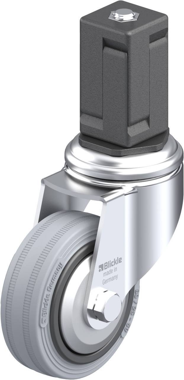 Industrie-Lenkrolle mit grauem Rad und schwarzem Polyamid-Gehäuse. Geeignet für Möbel oder Transportgeräte auf harten Böden.