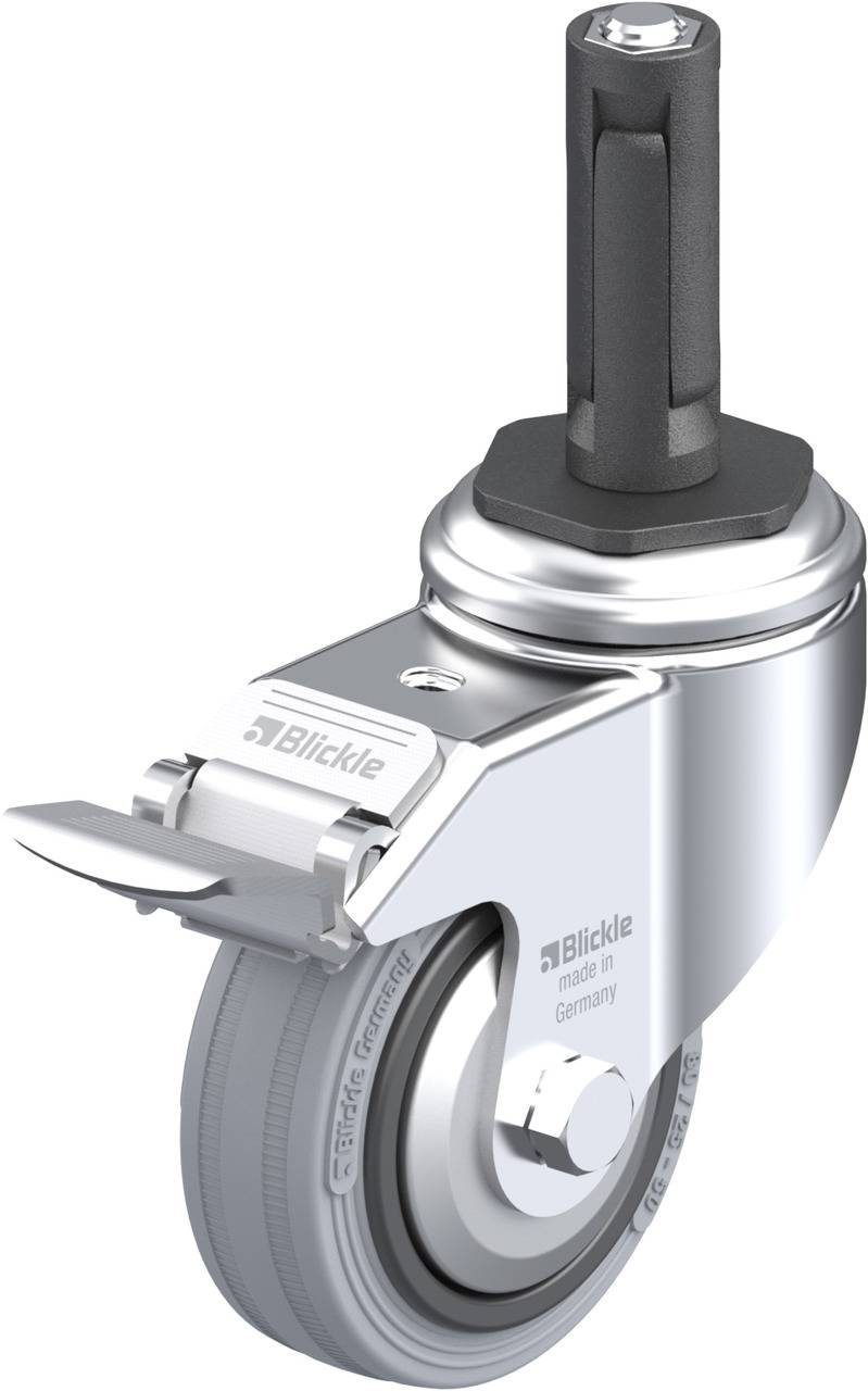 Schwenkrolle mit grauem Rad und schwarzem Stiel. Auf der Metallabdeckung steht 'Blickle'. Geeignet für industrielle Anwendungen.