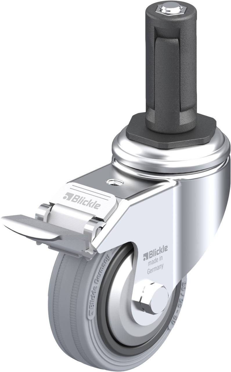 Ein Industrie-Lenkrolle aus Metall mit grauem Rad und schwarzem Stift. Markenname 'Blickle' ist auf der Seite eingraviert.