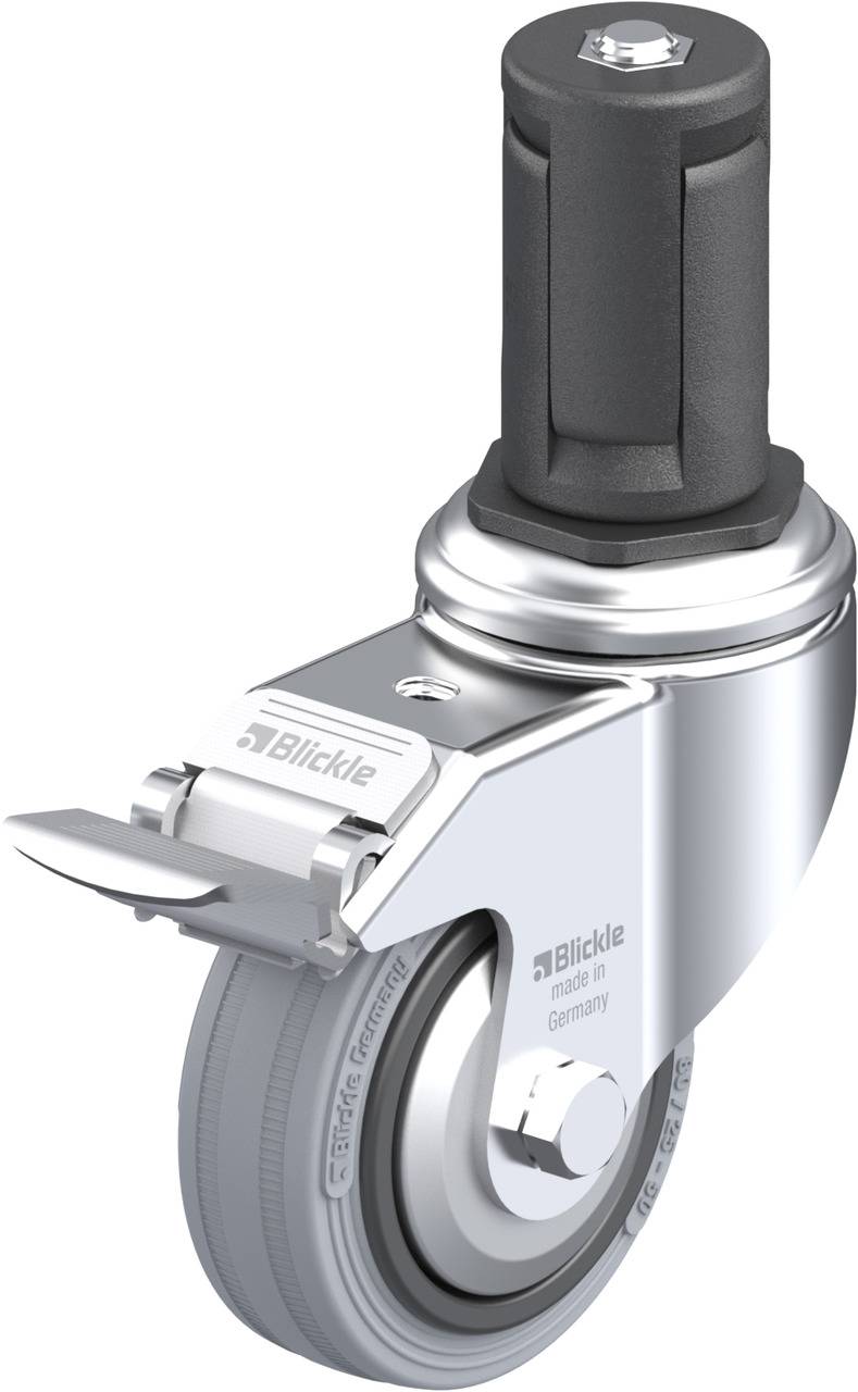 Lenkrolle mit grauem Gummirad und Stahlgehäuse, markiert mit 'Blickle made in Germany', geeignet für Transportgeräte.