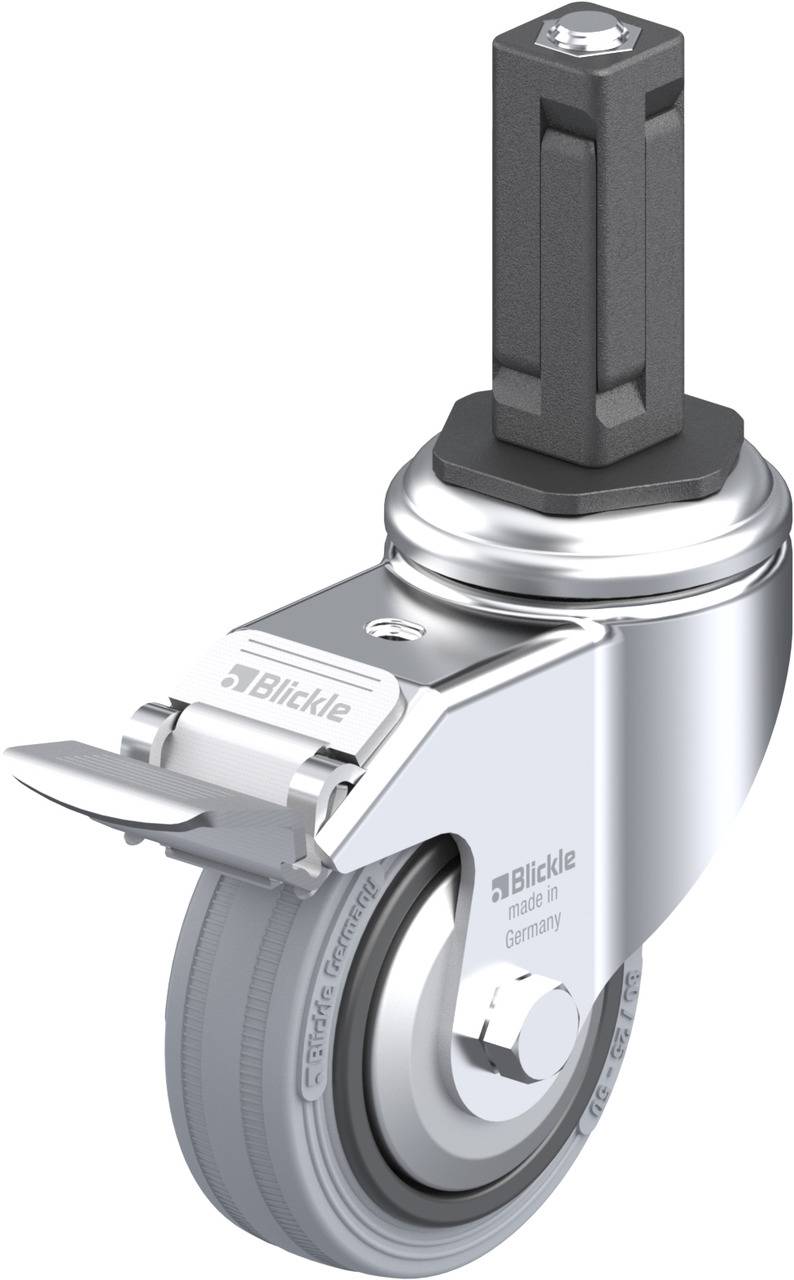 Drehbares Rad mit Fußbremse und Metallgehäuse, geeignet für Möbel oder Wagen in industriellen Umgebungen.