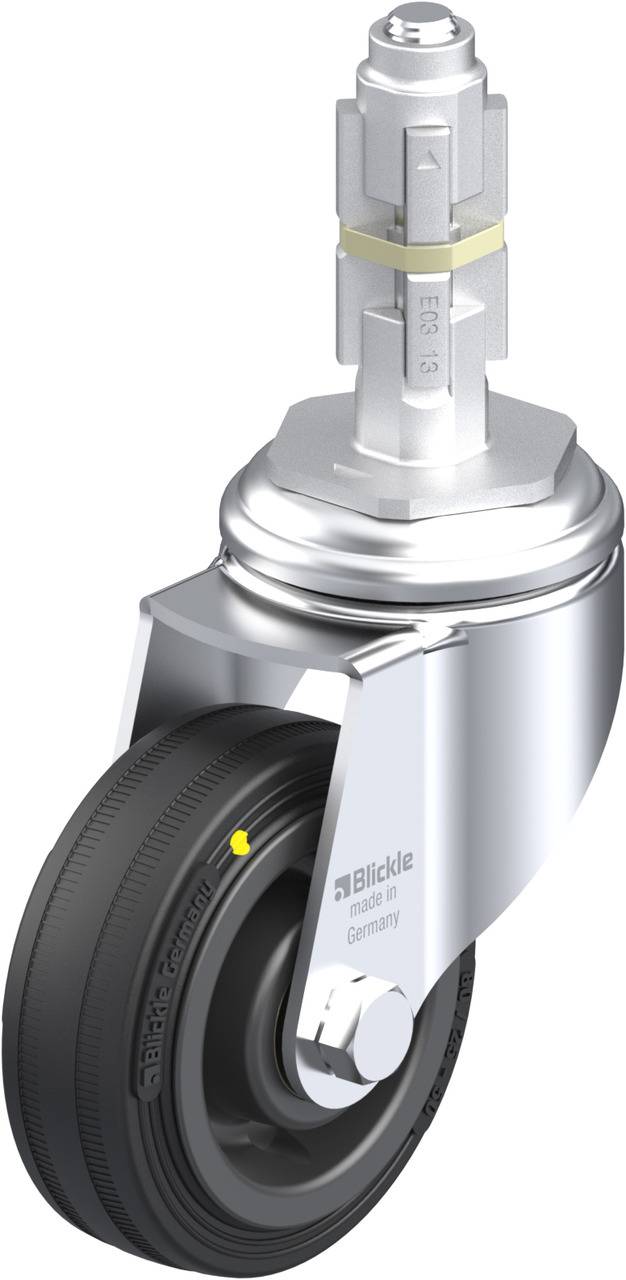 Schwenkrolle aus Metall und Kunststoff, 'Blickle' Logo, radiale Anbringung. Geeignet für industrielle Anwendungen in Deutschland.