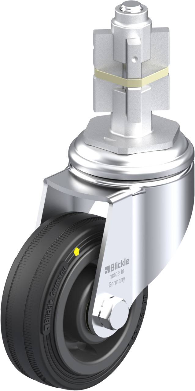 Industrie-Lenkrolle in Silber und Schwarz, hergestellt in Deutschland. Enthält Bremse und Drehgelenk für flexible Mobilität.