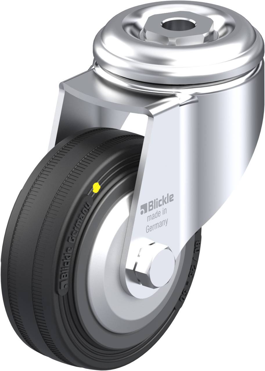 Schwenkrolle mit schwarzem Gummireifen, montiert auf silbernem Metallträger. Aufschrift: 'Blickle made in Germany'.