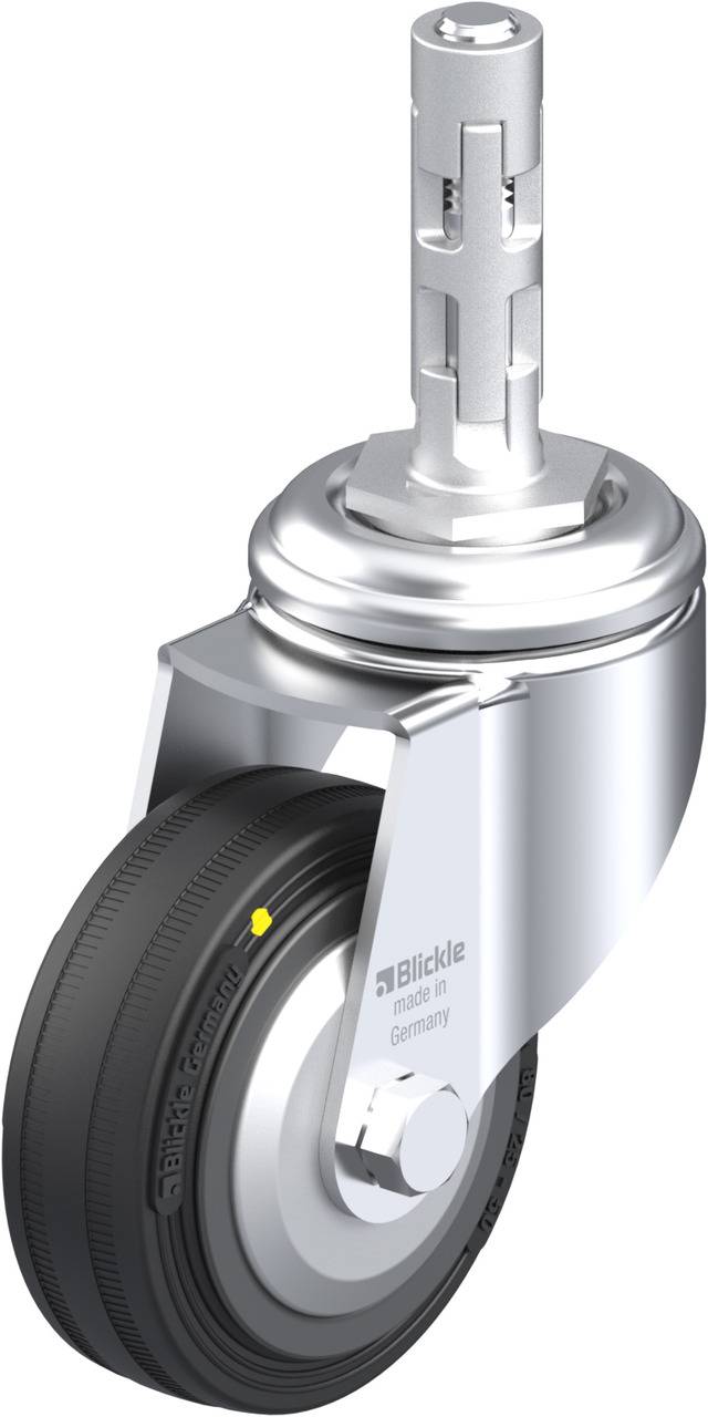 Eine silberne Lenkrolle mit schwarzem Rad und Markennamen 'Blickle' auf der Seitenfläche. Geeignet für industrielle Anwendungen.