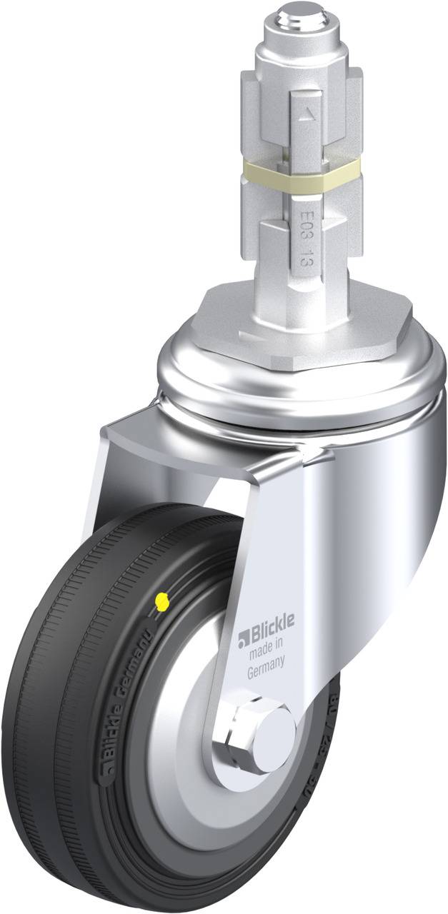 Drehbares Rad aus Metall und Gummi mit Aufschrift 'Blickle, Made in Germany'. Geeignet für industrielle Anwendungen.