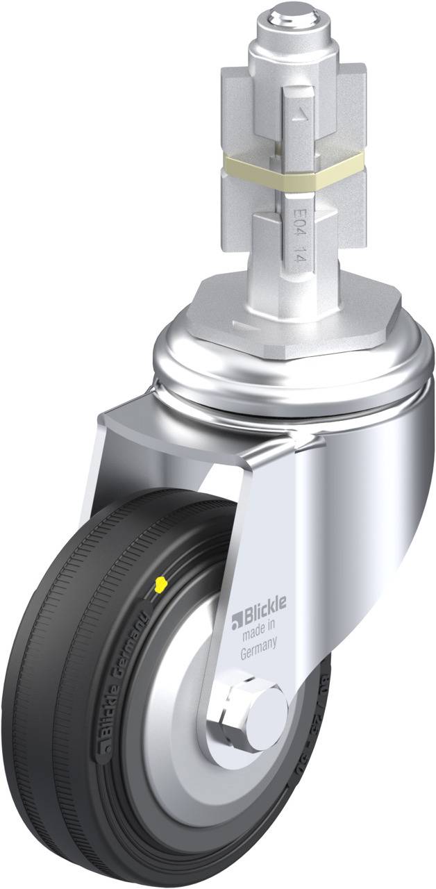 Schwenkrolle mit grauem Rad und Metallhalterung, geeignet für Möbel oder Transportgeräte, von der Marke 'Blickle'.