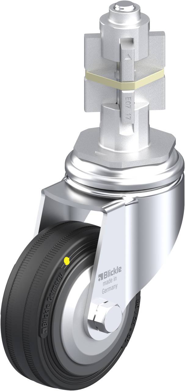Ein silbernes, drehbares Rad mit schwarzem Gummi, Markenname 'Blickle' auf der Halterung. Geeignet für Möbel oder Industrieanwendungen.