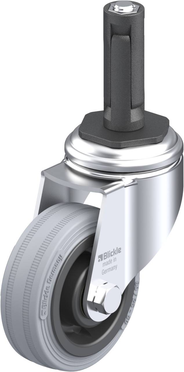 Eine silberne Lenkrolle mit grauem Rad und schwarzer Befestigungsstange. Geeignet für den Gebrauch an Möbeln oder Geräten.