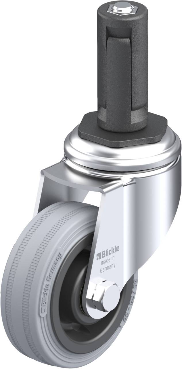 Graue gummierte Rolle mit Metallgehäuse und schwarzem Befestigungsstift, auf dem die Aufschrift 'Blickle Made in Germany' sichtbar ist.