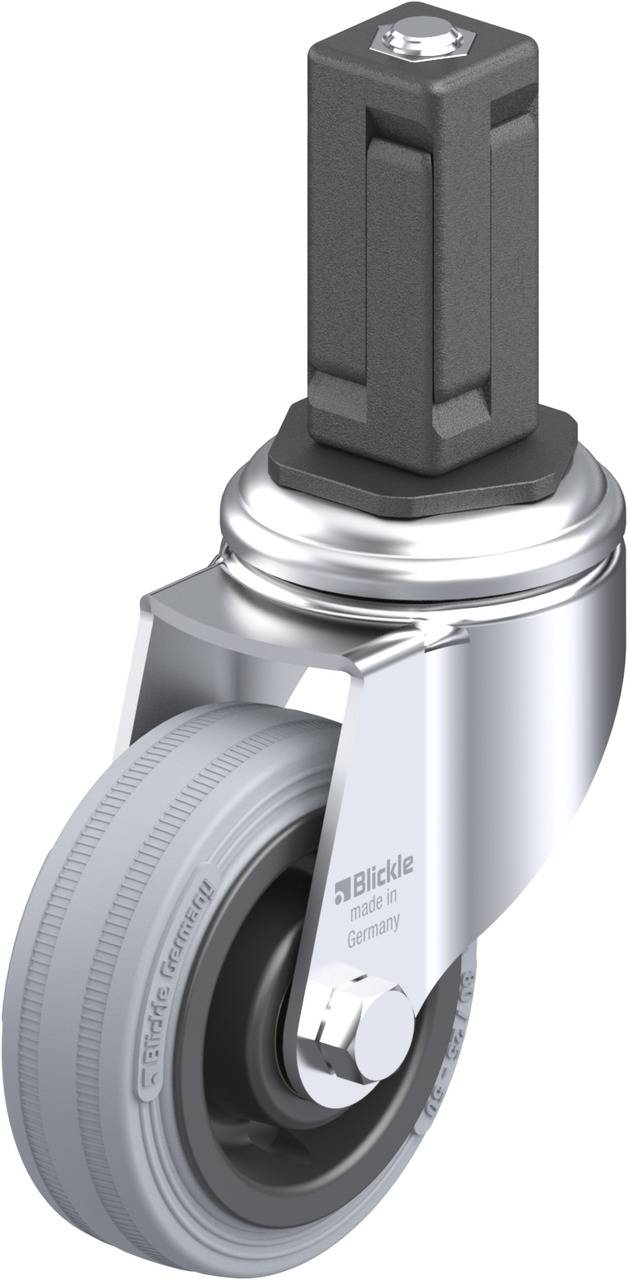 Graues Lenkrollenrad aus Kunststoff mit Zinkgehäuse, das mit einem Bolzen gesichert ist. Geeignet für industrielle Anwendungen.