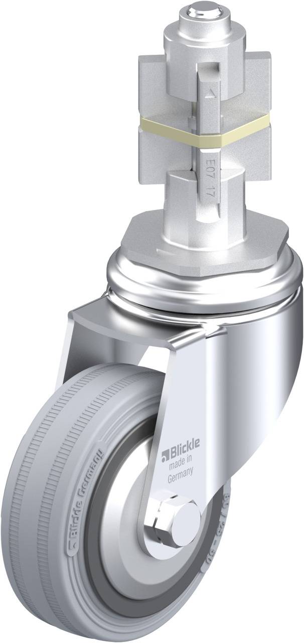 Silberfarbene Schwerlastrolle mit rundem Gehäuse und grauem Rad. Oben ein Feststeller für die Drehfunktion.