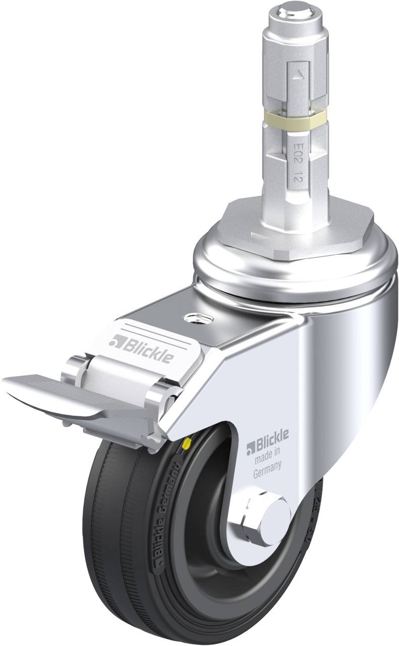 Schwenkrolle mit Bremse und Stahlgehäuse, schwarzes Rad, geeignet für Möbel oder Transportgeräte. Markiert mit 'Blickle'.