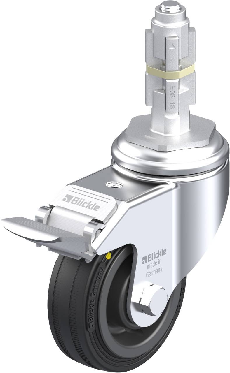 Metallisches Schwenkrollenteil mit schwarzem Rad und Befestigungsstift oben. Aufschrift 'Blickle, made in Germany'. Geeignet für bewegliche Möbel oder Geräte.