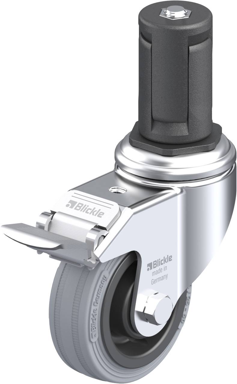 Rolle mit feststellbarem Bremssystem, glänzendem Metallgehäuse und gummierter Lauffläche.