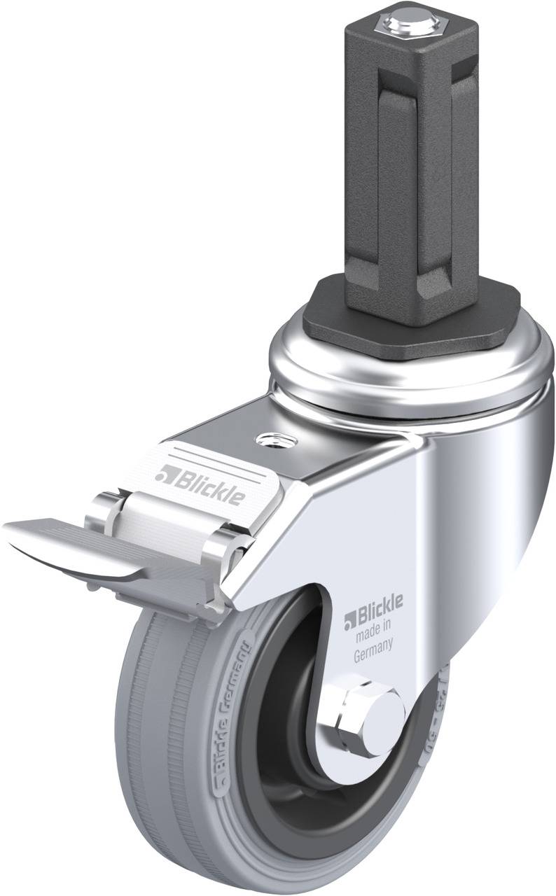 Ein einzelnes Möbel-Lenkrolle aus Metall und Kunststoff, silberfarben, mit einer Bremse und einem rechteckigen Befestigungszapfen.