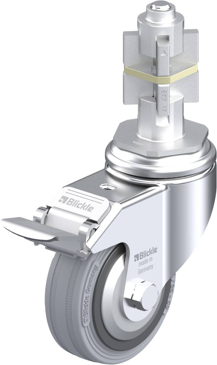 Schwenkrolle mit grauem Rad und Metallhalterung, seitlich sichtbar. Markierung: 'Blickle'. Geeignet für industrielle Anwendungen.