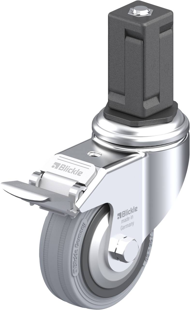 Schwenkrolle mit Bremse an Metallhalterung, geeignet für Möbel oder Industrieanwendungen. Enthält Logo und Inschrift 'Blickle'.