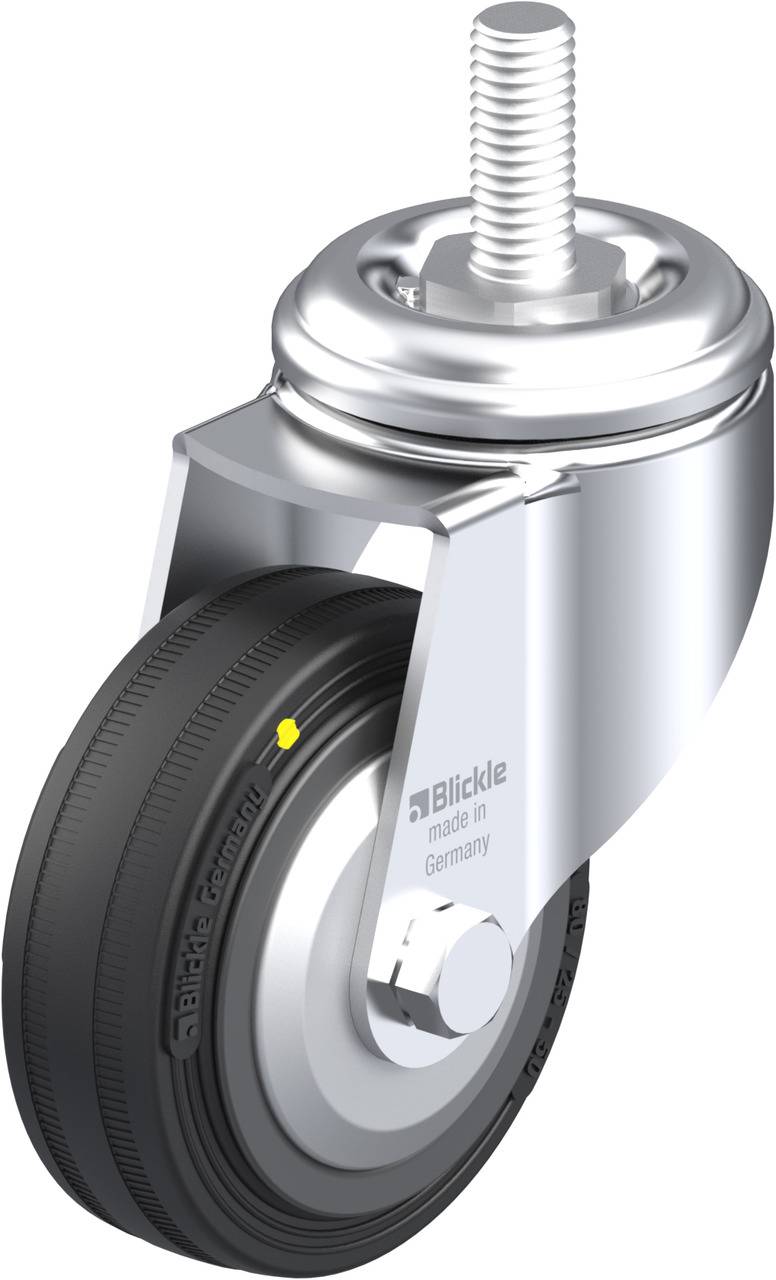 Industrie-Doppelrollen-Lenkrolle mit grauem Gummirad und Stahlgehäuse. Text auf Rolle: 'Blickle made in Germany'.