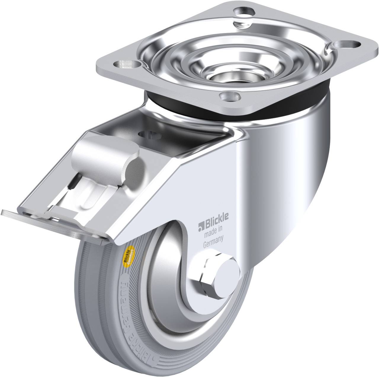 Industrie-Feststellrolle aus Metall mit grauem Rad, oberer Metallplatte und Markierung 'Blickle made in Germany'.