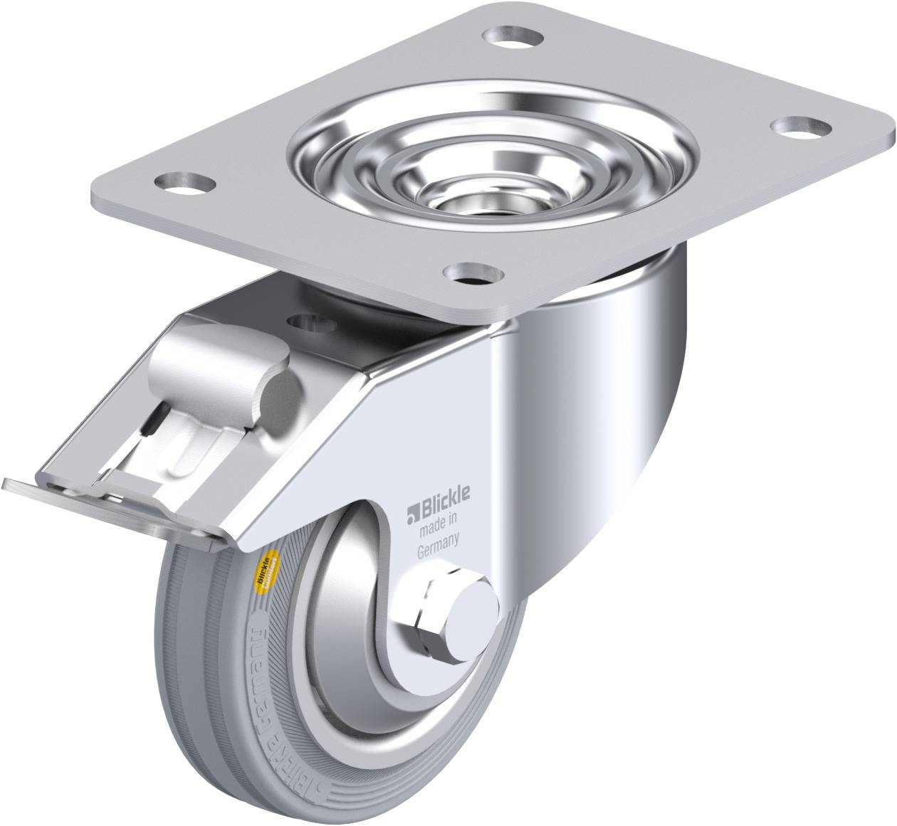 Schwenkrolle aus Metall, geeignet für den Einsatz in Industrieumgebungen. 3D-Darstellung zeigt Details wie Befestigungsplatte.