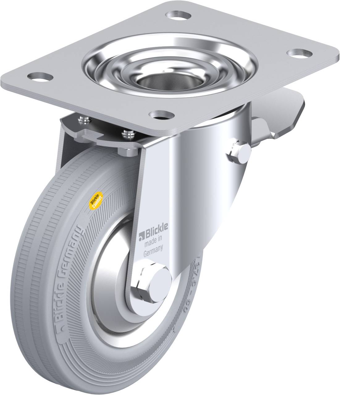 Eine Rollenkonstruktion mit einer stabilen Metallplatte, einem kugelgelagerten Rad und einem schwenkbaren Mechanismus für leichte Bewegung.