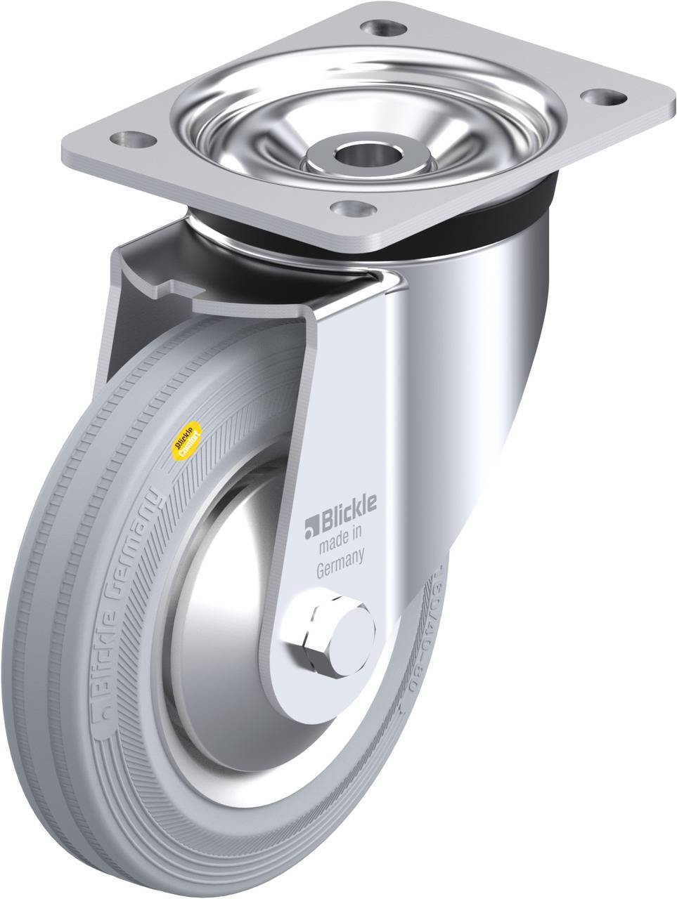 Graues Lenkrollenrad mit Metallgehäuse und Beschriftung 'Blickle made in Germany'.