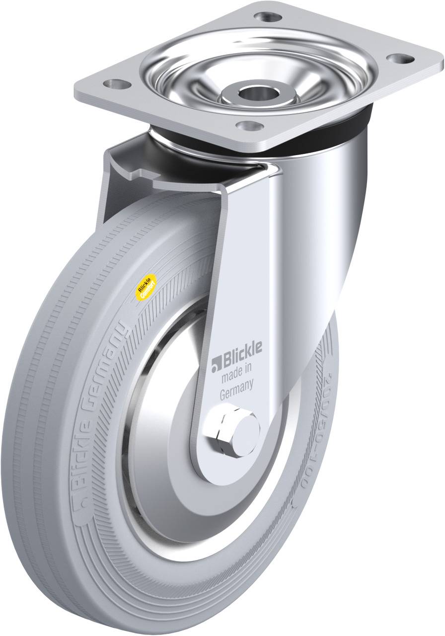 Eine graue Lenkrolle mit silbernem Gehäuse, Metallplatte zur Befestigung, Aufschrift 'Blickle made in Germany' auf dem Rad.