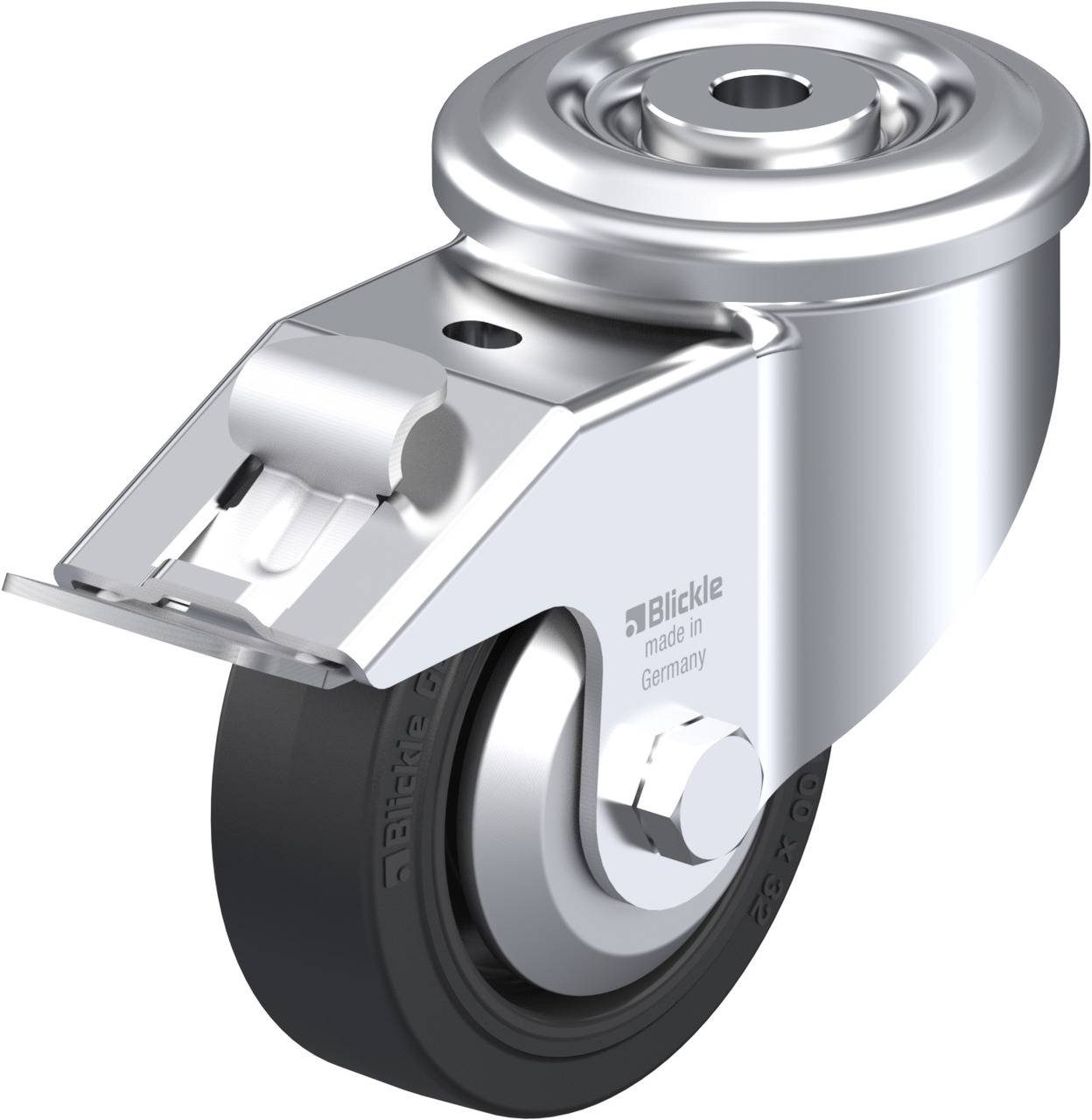 Rollenrad aus Metall mit schwarzem Gummireifen, beweglich und drehbar, verwendet für Möbel oder Rollwagen.