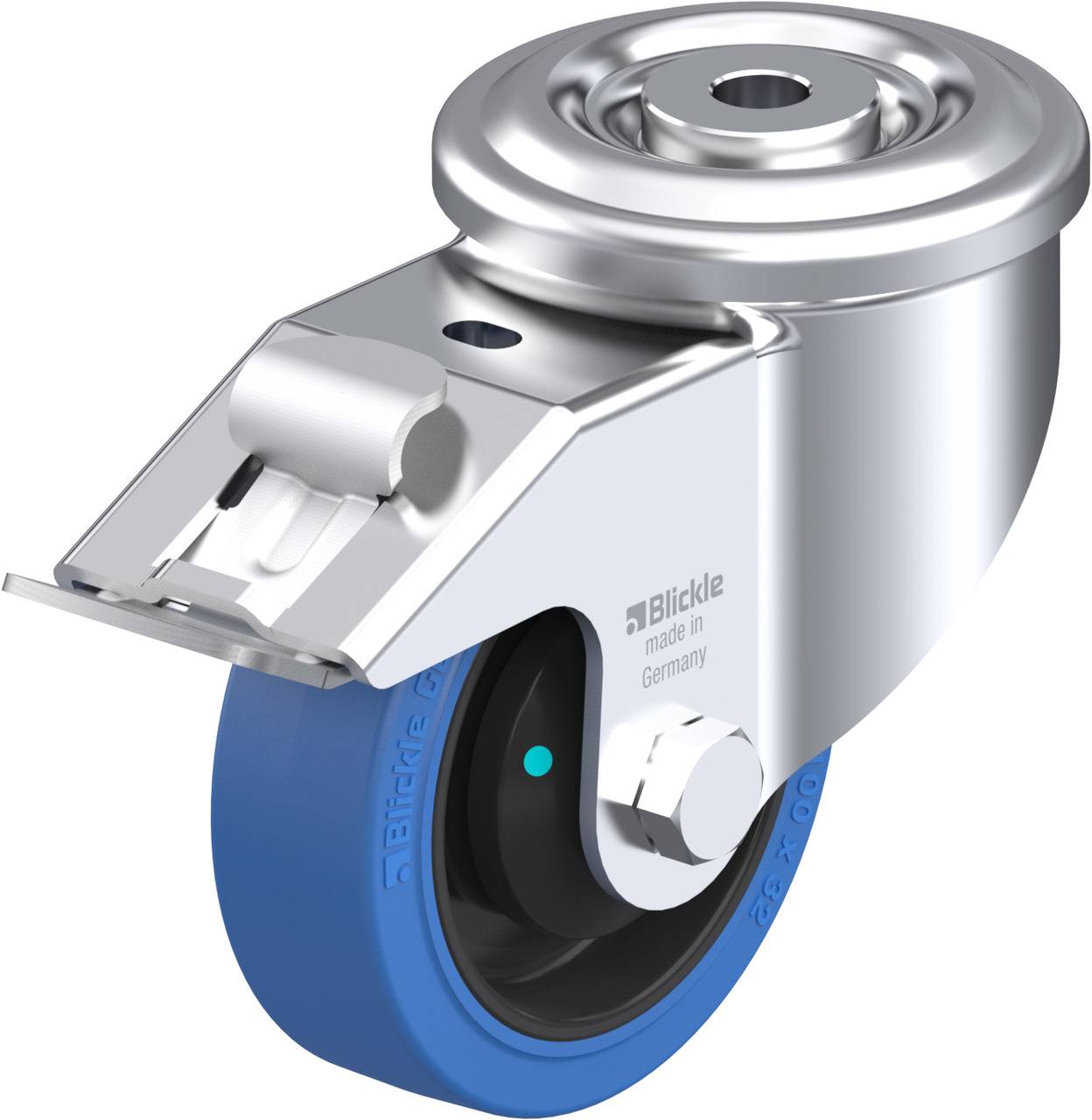 Industriefeststellrolle mit blauer Gummilauffläche und silbernem Gehäuse, geeignet für schwere Lasten, hergestellt in Deutschland.
