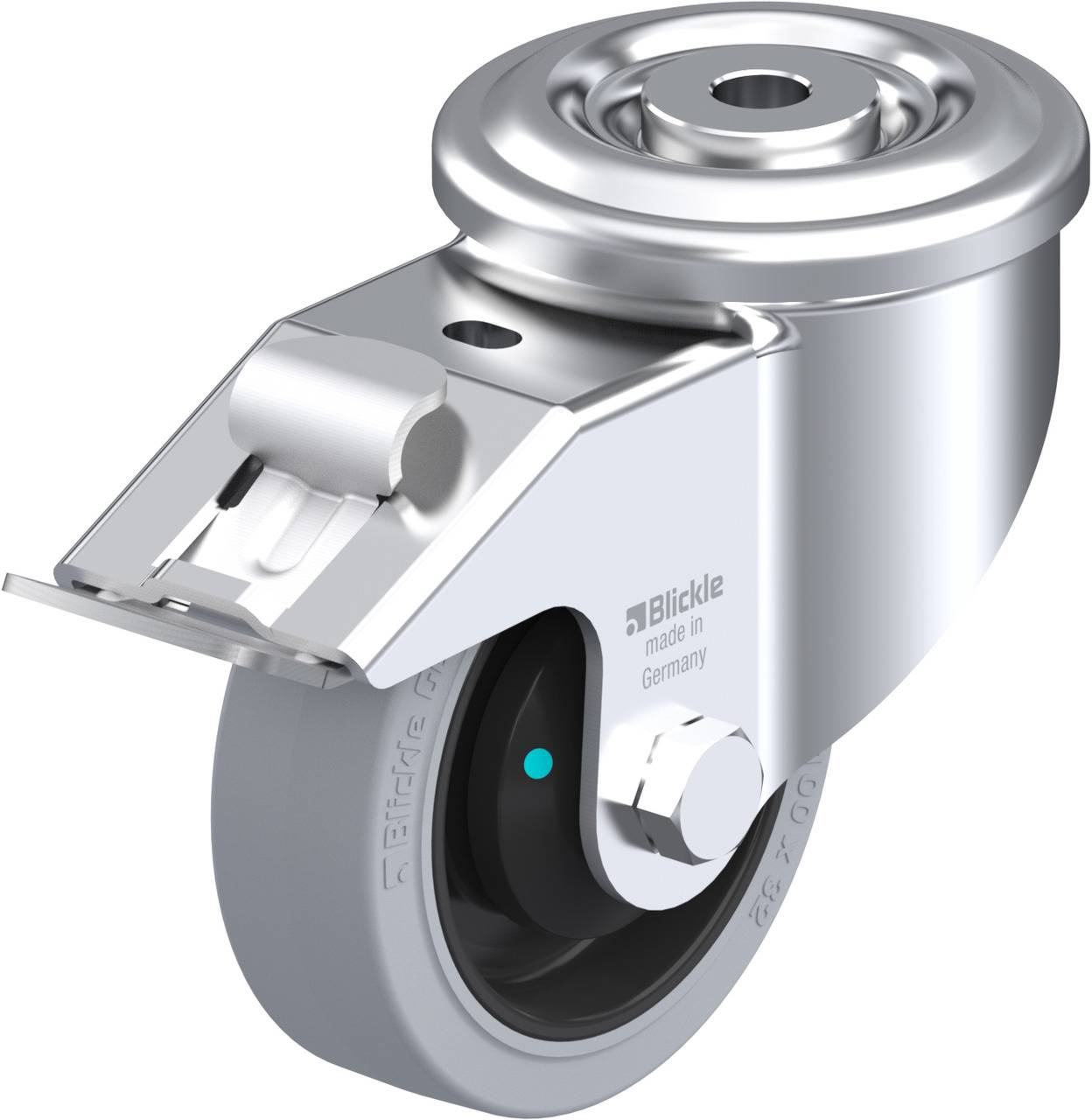 Ein silbernes Bockrad mit einer grauen Gummilauffläche und einem Halter aus Metall. Markiert mit dem Schriftzug 'Blickle made in Germany'.
