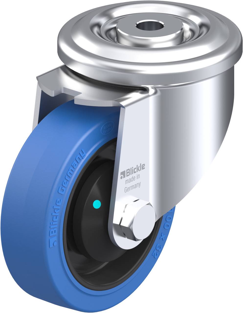 Metall-Rollenhalter mit blauer Gummiradrolle, Beschriftung 'Blickle', 'made in Germany'.