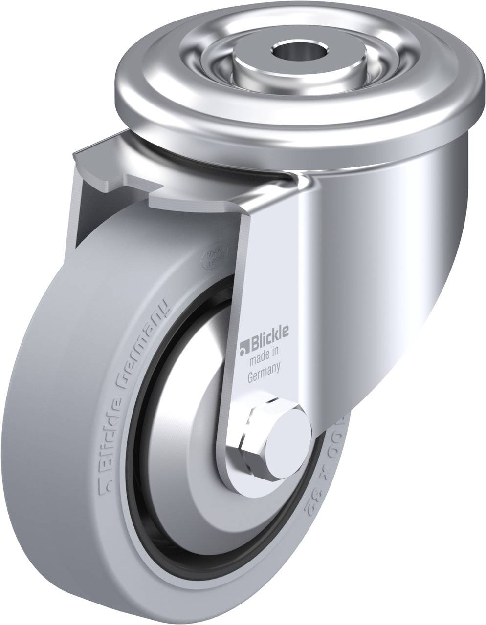 Metallrolle mit grauem Rad und Drehgelenk aus Edelstahl. Geeignet für Transportwagen und Möbel, hergestellt in Deutschland.