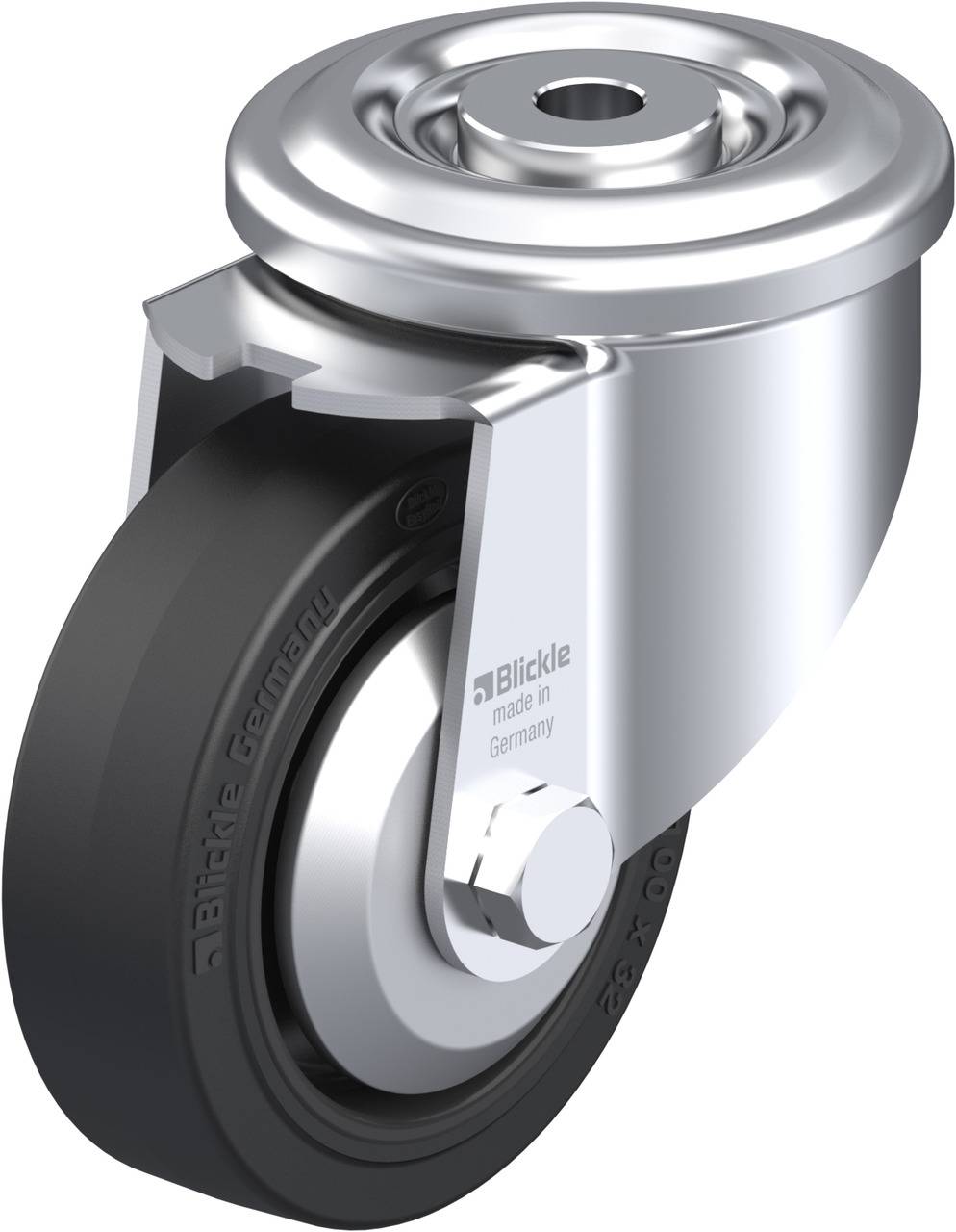 Schwenkrolle aus Metall mit schwarzen Rad und silbernem Gehäuse. 'Blickle made in Germany' auf dem Rad.