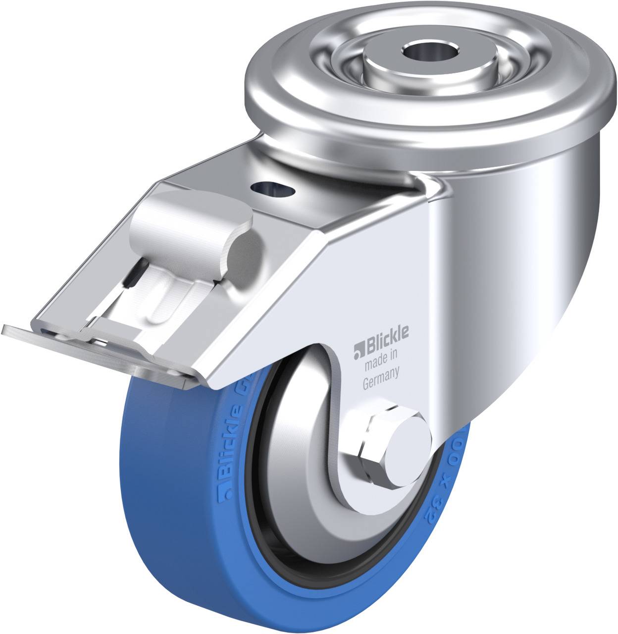 Metallisches Lenkrollenrad mit blauer Gummilauffläche und Gehäuse, markiert mit 'Blickle made in Germany'.