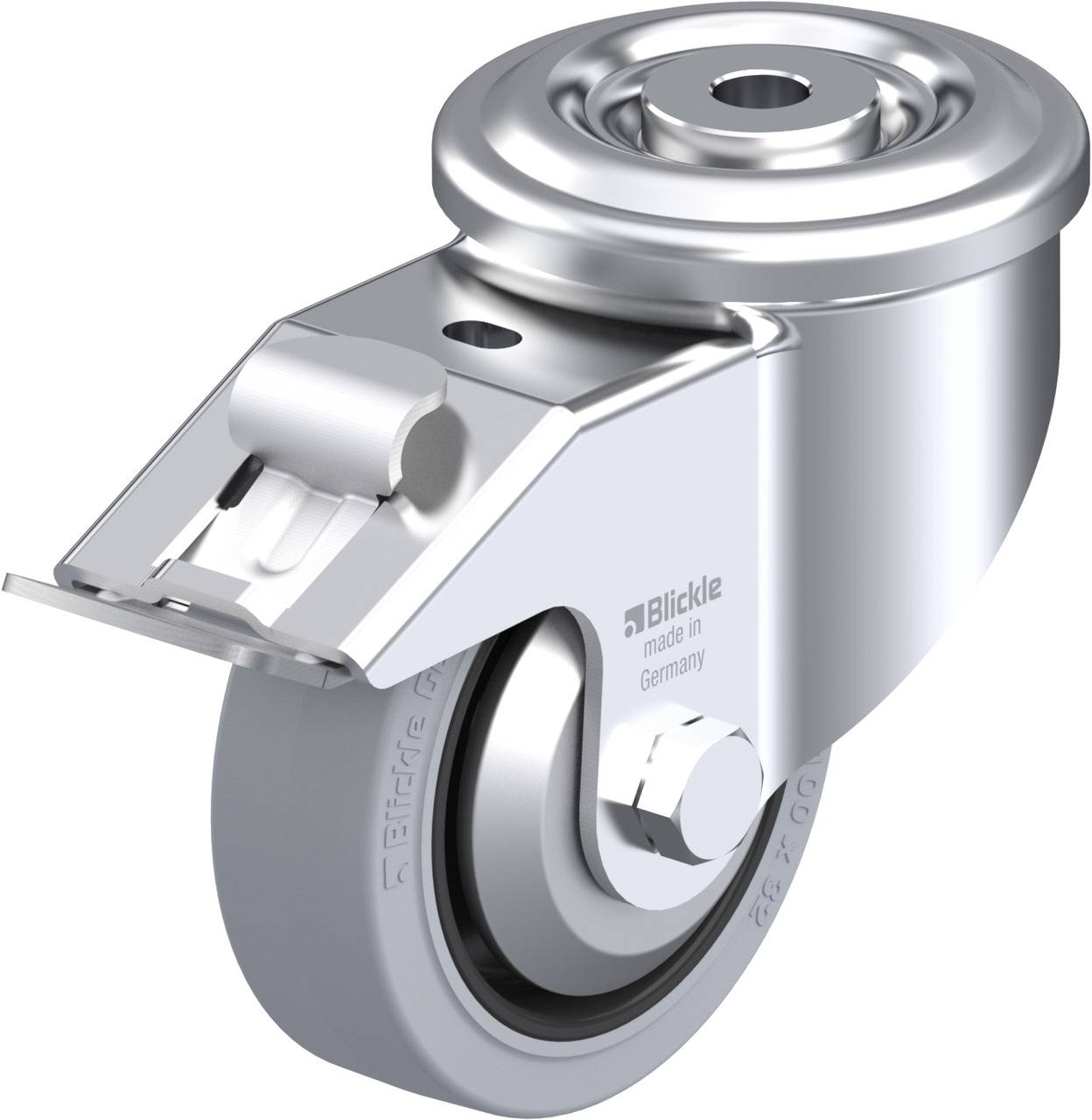 Schwenkrolle mit grauem Rad und Metallgehäuse, geeignet für Möbel oder Industrieanwendungen; glänzendes, hochwertiges Finish.
