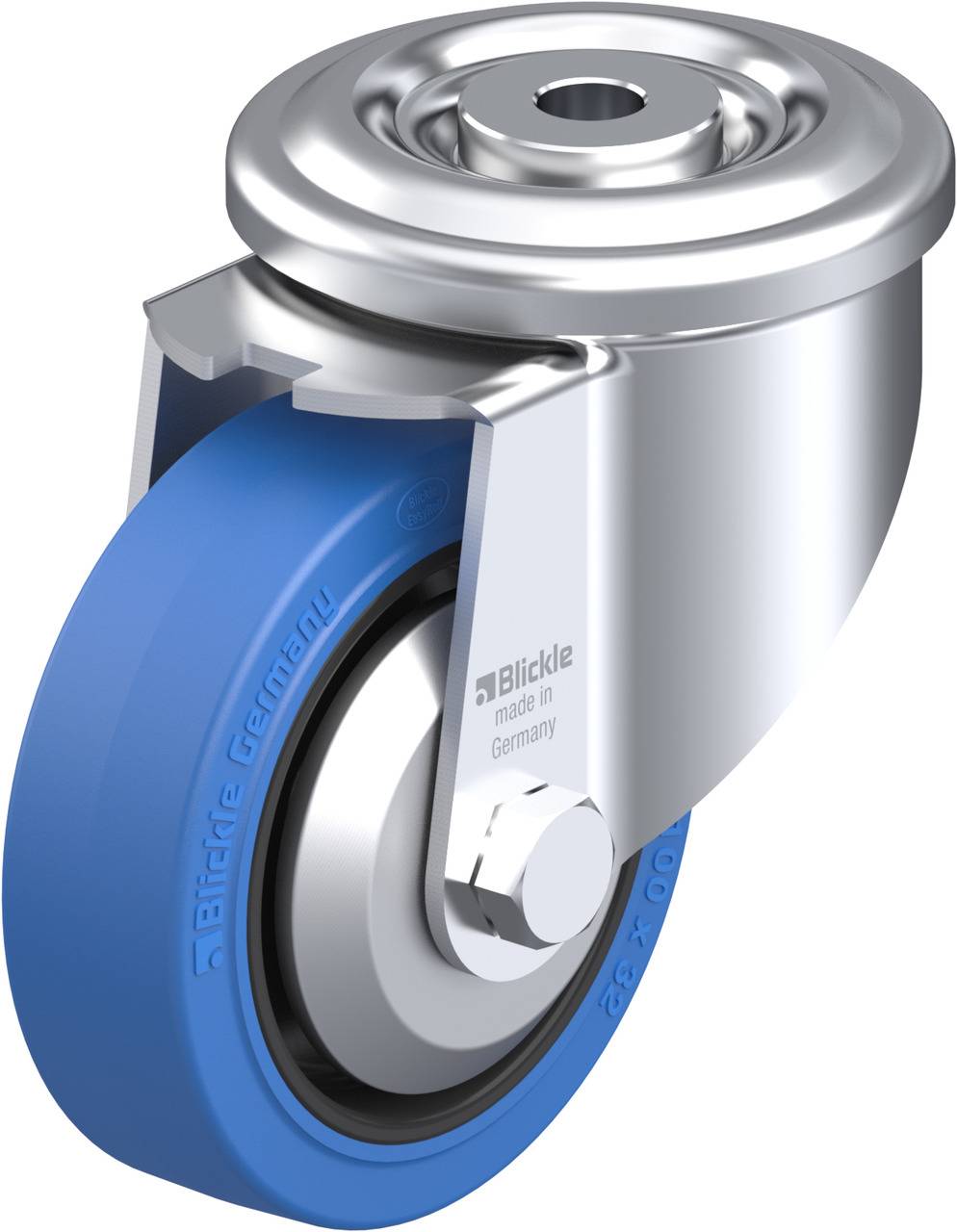 Metallisches Rad mit blauem Gummireifen, montiert auf einer Halterung, mit der Aufschrift 'Blickle made in Germany'.