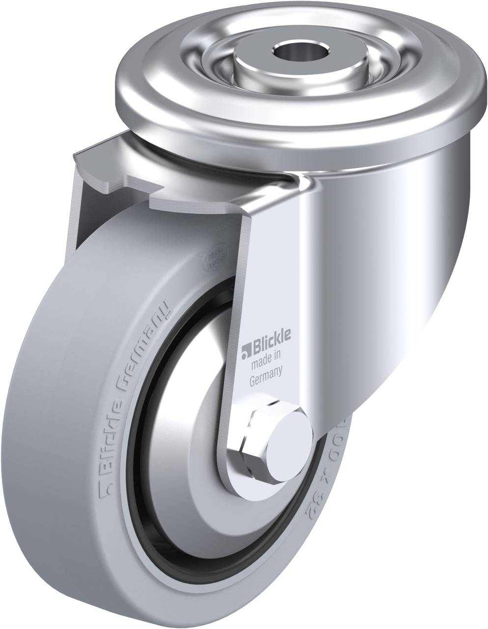 Schwenkrolle aus Metall mit grauem Gummi-Laufrad und Kugellager, seitlich mit 'Blickle made in Germany' beschriftet.