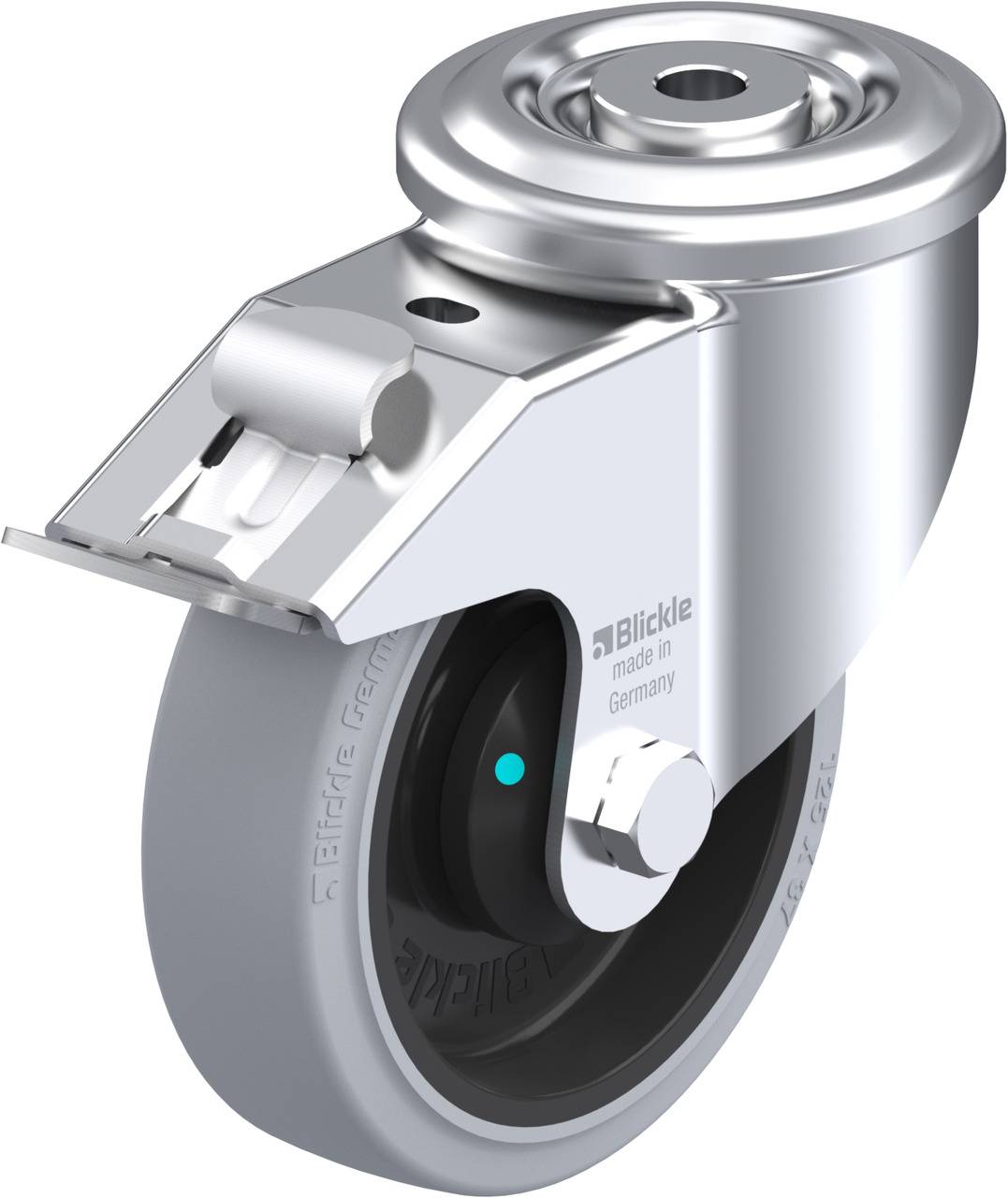 Lenkrolle aus Metall und Gummi, glänzend silber, mit Befestigungsplatte. Geeignet für industrielle Anwendungen und schwere Lasten.