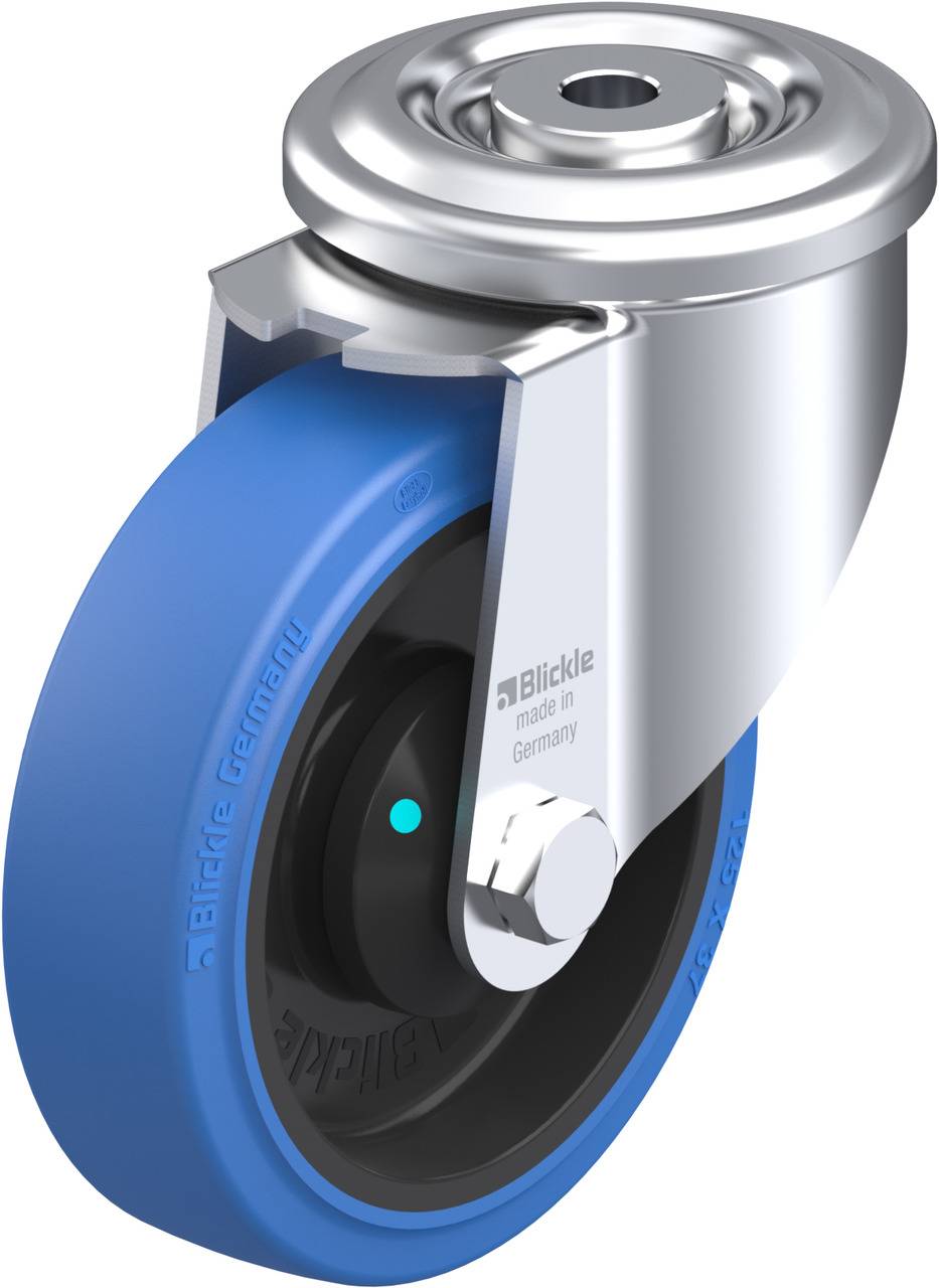 Schwenkrolle mit blauem Rad und silbernem Metallgehäuse, geeignet für Möbel oder Wagen, hergestellt in Deutschland.
