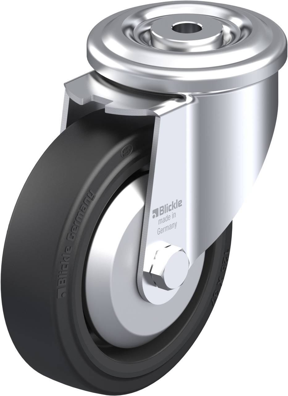 Metallrad mit schwarzem Gummireifen, glänzender Halterung und Drehgelenk, geeignet für Transportwagen oder Möbel.