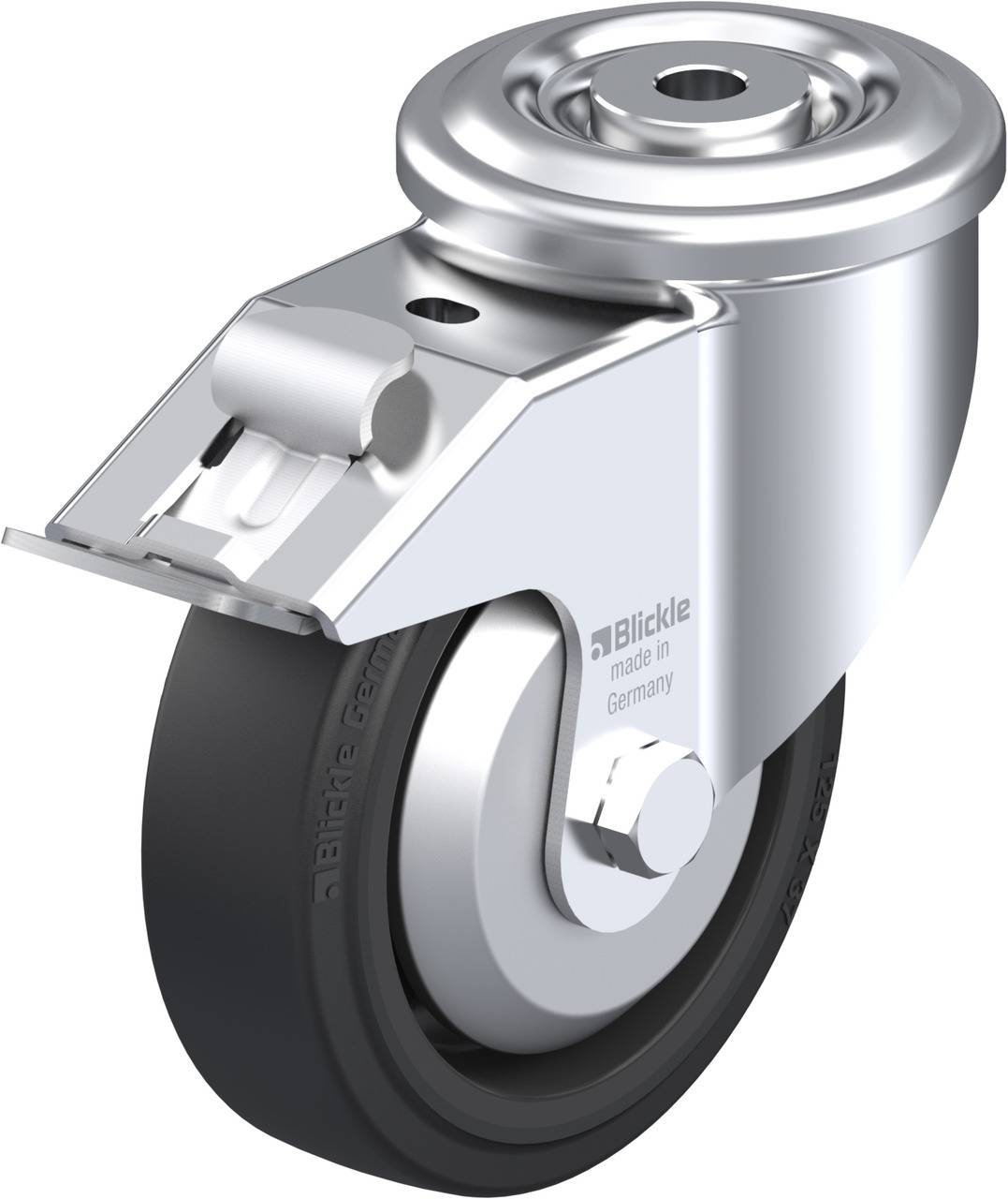Rollenrad aus Metall und Gummi, geeignet für Lastenwagen und Industrieanwendungen. Herstellerlogo und 