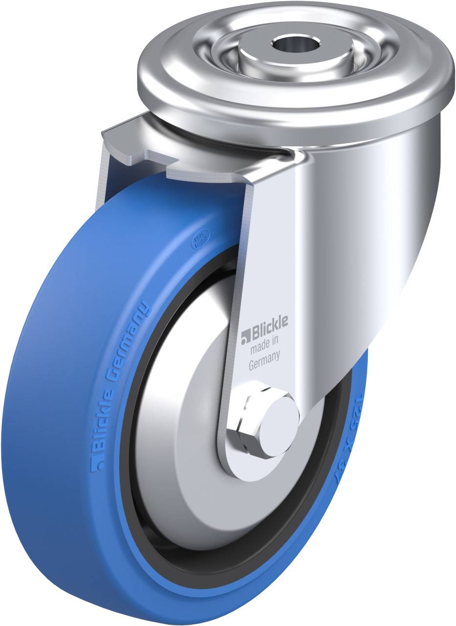 Ein blaues Rollrad mit silbernem Metallgehäuse und einer Aufschrift 'Blickle made in Germany' auf der Seitenfläche.