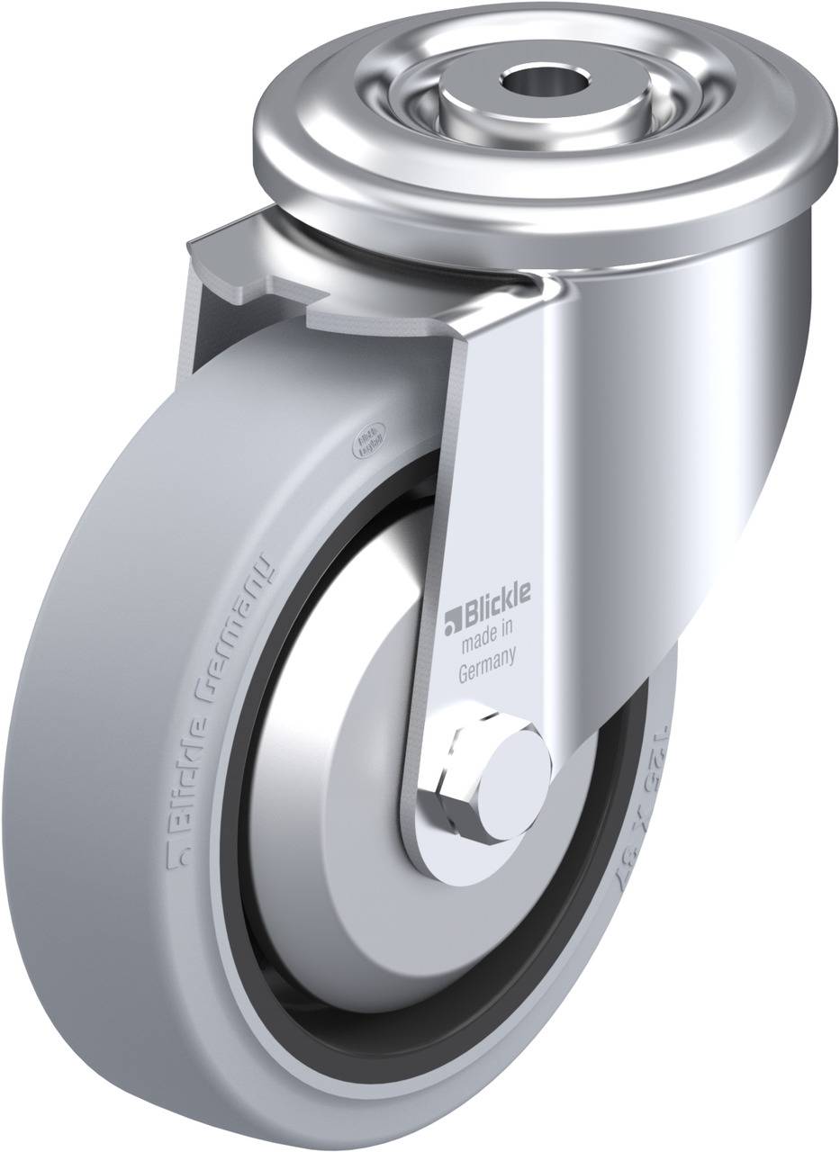 Graues Schwerlast-Lenkrollenrad mit Metallgehäuse, geeignet für industrielle Anwendungen, auf weißem Hintergrund gezeigt.