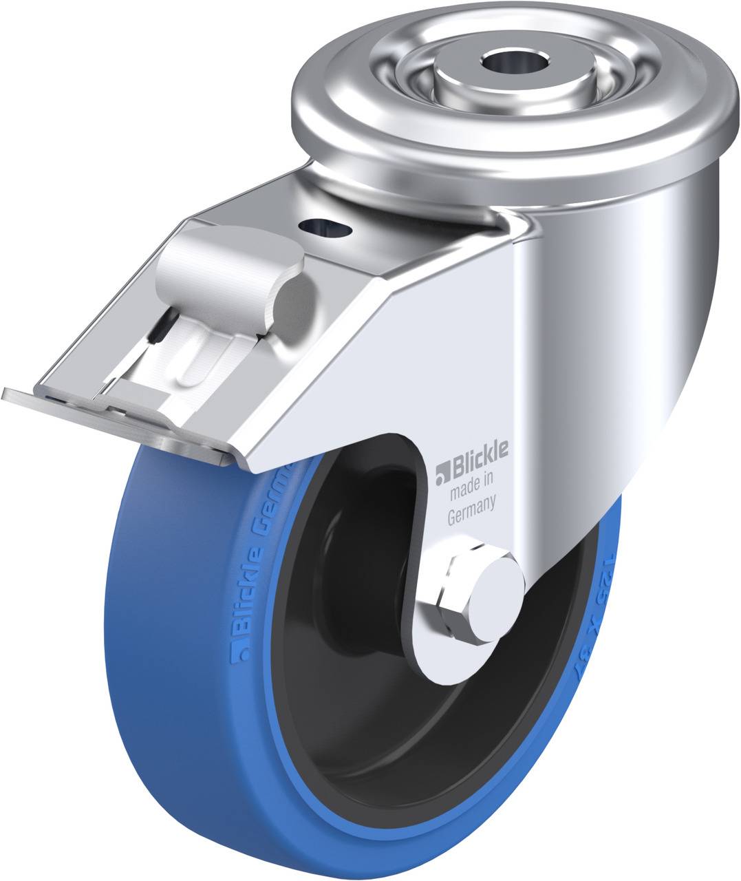 Drehbare Transportrolle mit silbernem Gehäuse und blauem Gummi-Rad. Geeignet für industrielle Anwendungen.