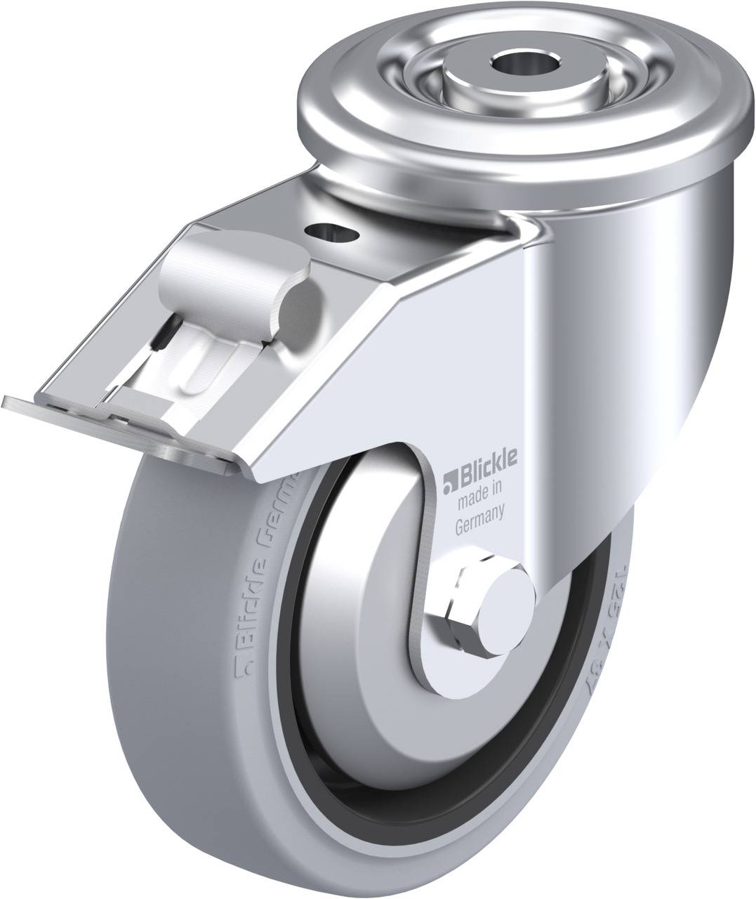 Industrie-Schwenkrolle aus Metall mit grauem Rad, geeignet für schwere Lasten. Text auf dem Rad: 'Blickle, made in Germany'.