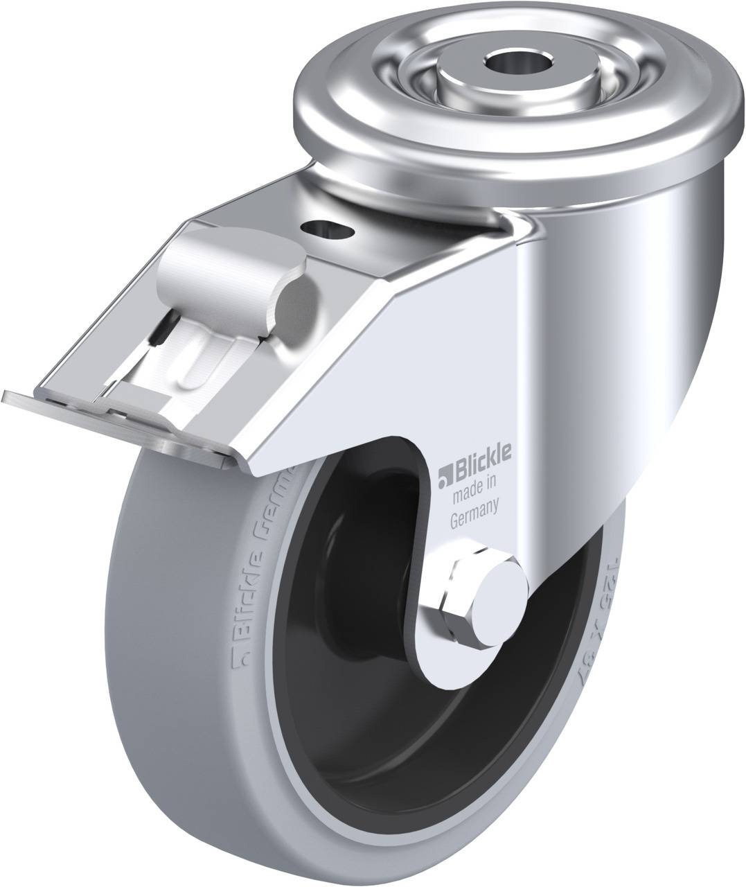 Metall-Lenkrolle mit grauem Rad, Marke Blickle, Made in Germany.